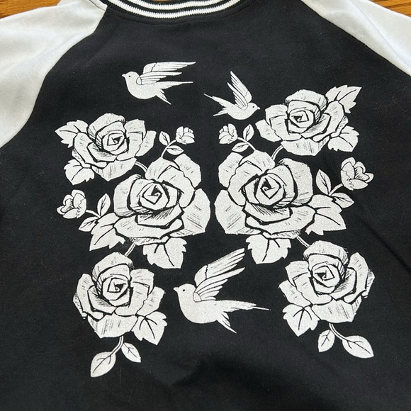 Justice Varsity jacket, black and white with glitter roses and birds. Girls 18. - Picture 6 of 14